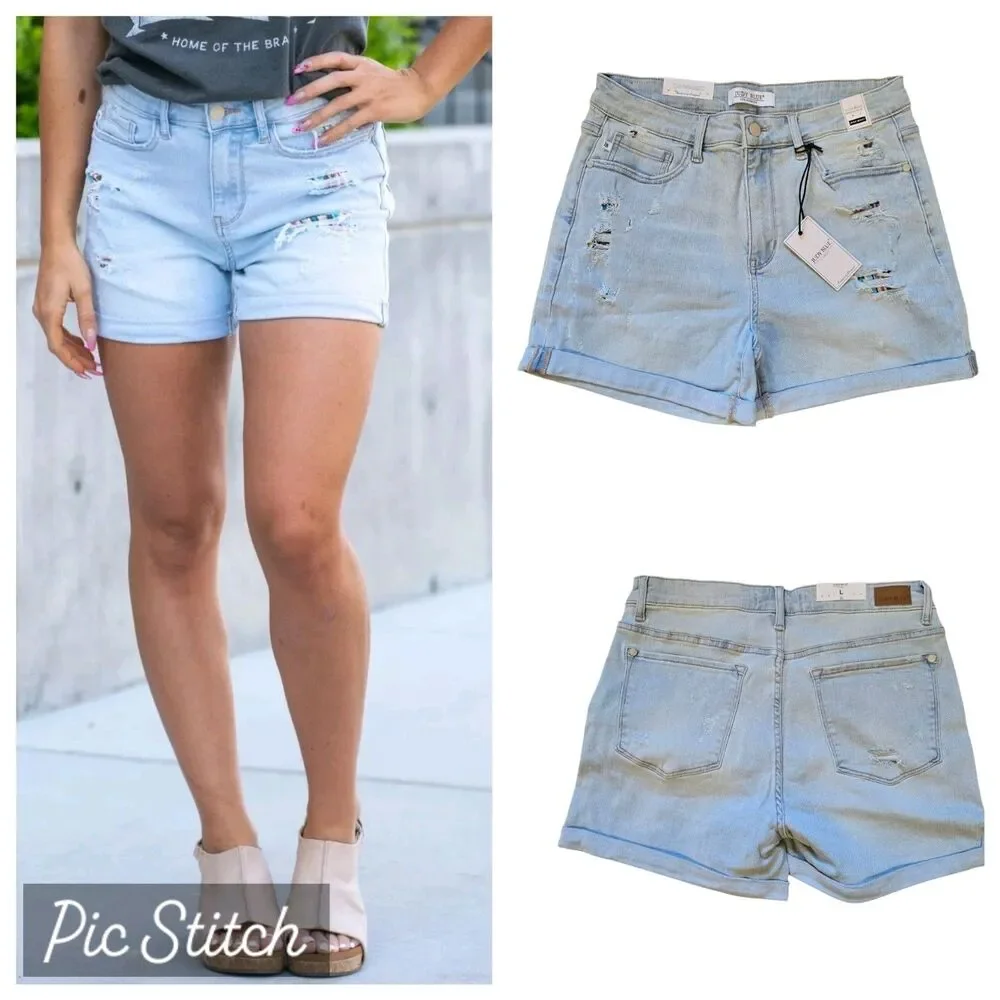 Judy Blue Shorts Cuffed Southwest Patches Tribal Aztec